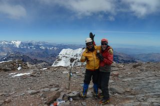 43 Inka Expediciones Guide Agustin Aramayo, Dangles And Jerome Ryan With The Aconcagua Summit 6962m Cross And Aconcagua South Summit Behind.jpg